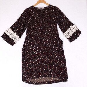 Erum Emaan Floral Bell Sleeve Shift Dress Black Multicolor Lace Trim Medium